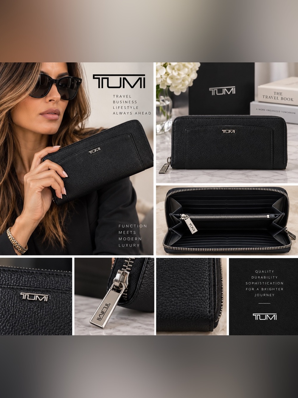 TUMI Black Pebbled Leather Zip Around Continental Wallet Silver Hardware
